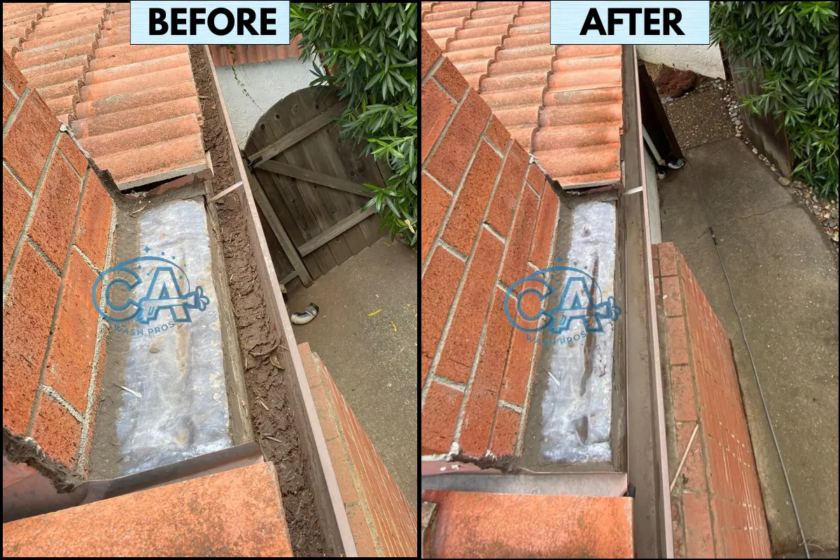 Professional gutter cleaning service by CA Wash Pros shows complete leaves and debris removal.