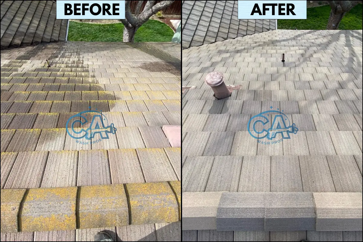 Before and after of professional roof cleaning service in Campbell, CA removing moss, algae, and debris by CA Wash Pros.