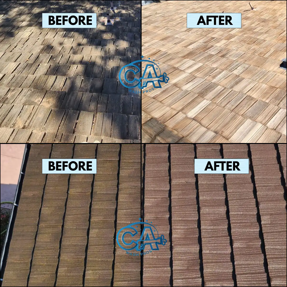 Professional roof cleaning results on a wood shake roof and stone coated metal roof.