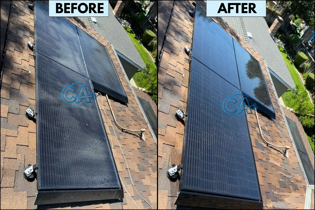 Before and after results of professional solar panel cleaning in Santa Clara, CA by CA Wash Pros showing complete removal of dust and dirt buildup.