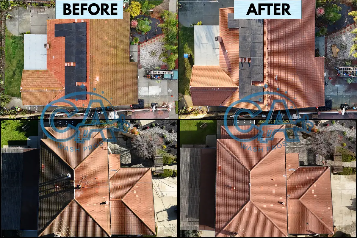 Before and after drone shots of tiled roofs professionally cleaned by CA Wash Pros for homeowners insurance reinstatements.