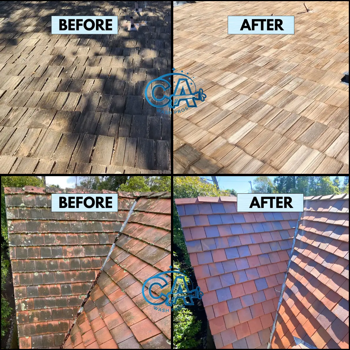 Results of two types of roof professionally cleaned by CA Wash Pros: wood shake roof and tile roof.