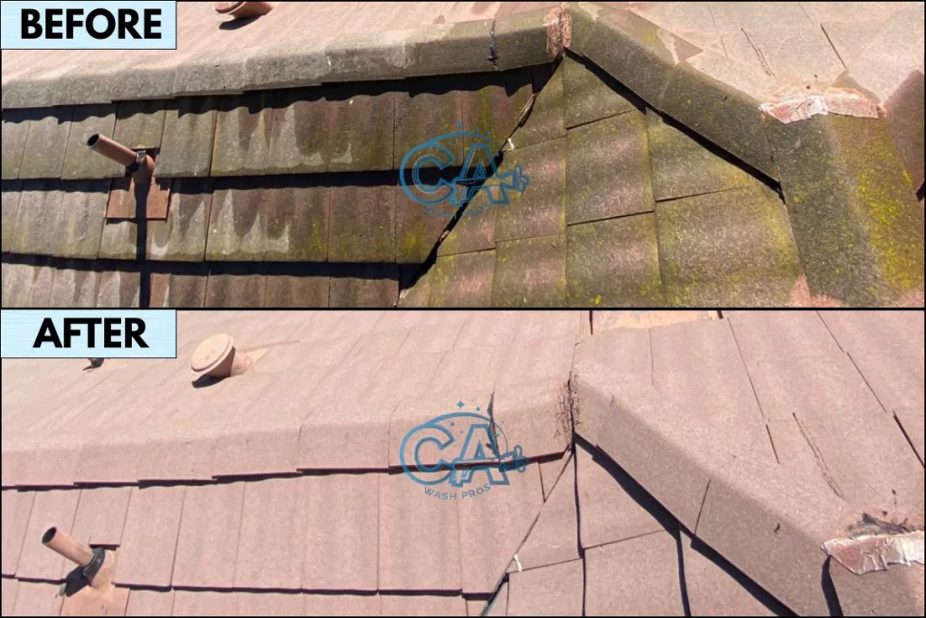 Before and after of professional tile roof cleaning service in Campbell, CA by CA Wash Pros to remove moss and algae and prepare for solar panel installation.