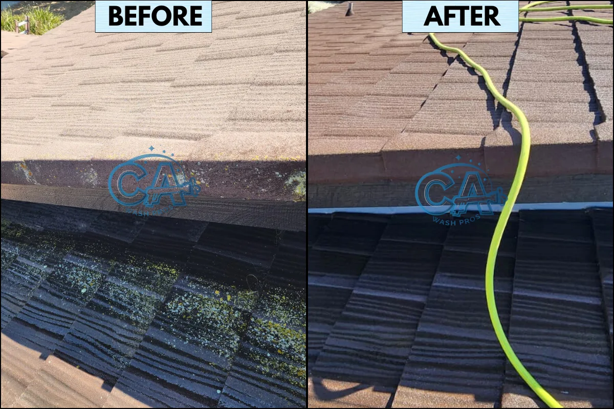 Results of soft wash roof cleaning on a stone-coated metal roof completed by CA Wash Pros for insurance reinstatement.