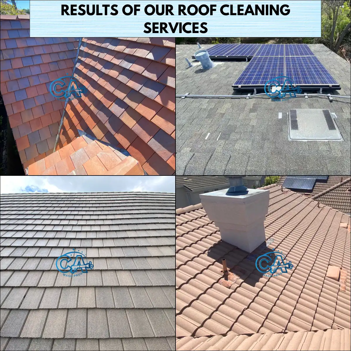 Results of CA Wash Pros professional roof cleaning services on tile and shingle roofs.