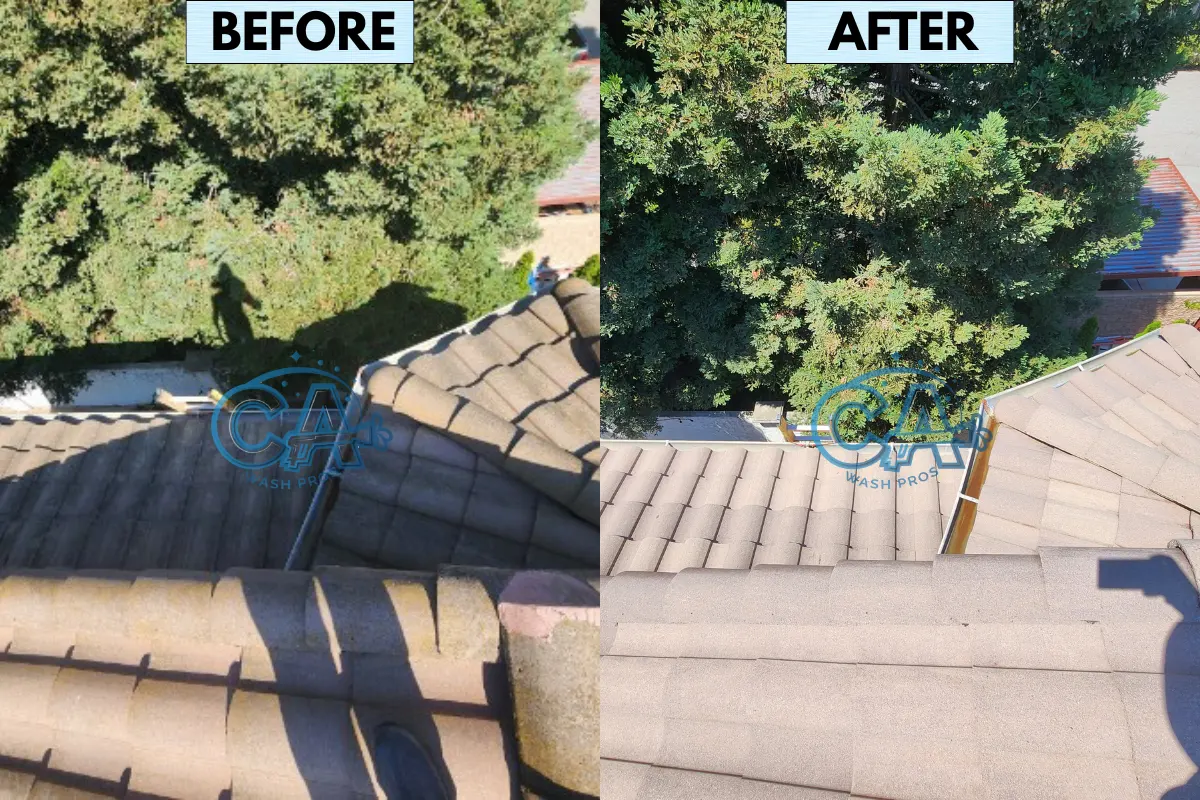 Results of CA Wash Pros roof wash service for a tile roof.