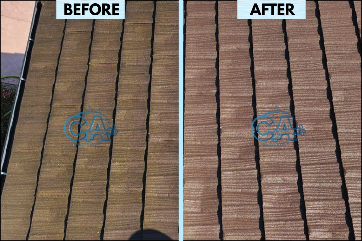 Results of soft wash roof cleaning on a stone-coated metal roof completed by CA Wash Pros.