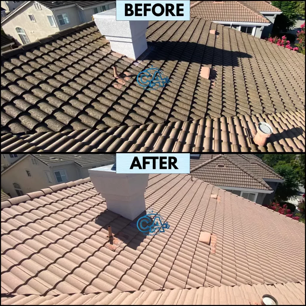 Professional roof cleaning in Sunnyvale, CA by CA Wash Pros shows removal of moss and algae.