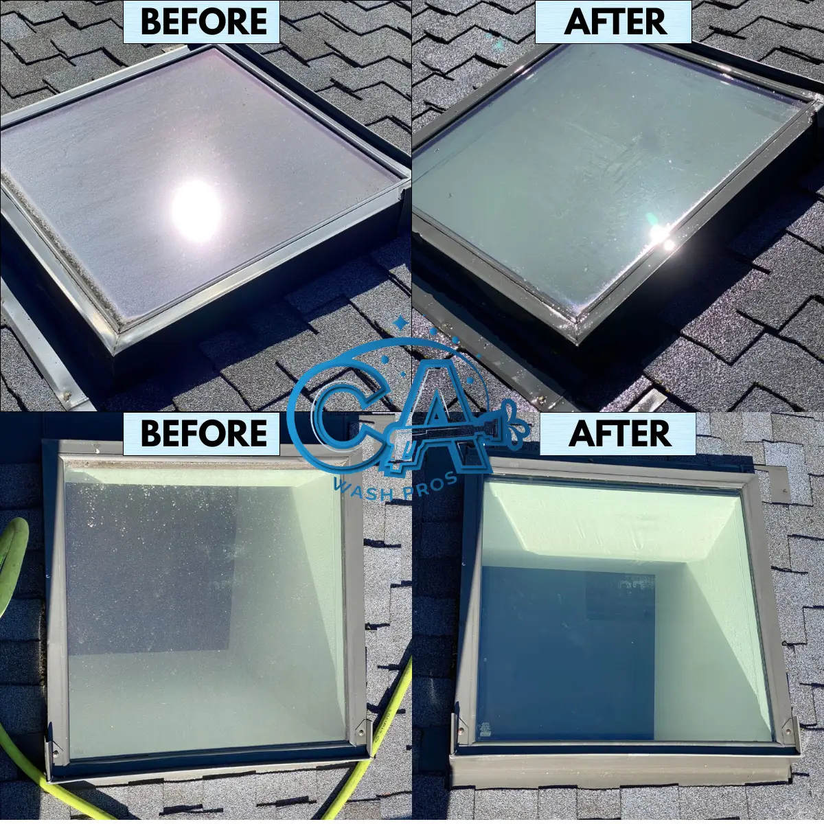 Before and after results of professional skylight cleaning in Santa Clara, CA by CA Wash Pros using purified water and soft bristle brush.