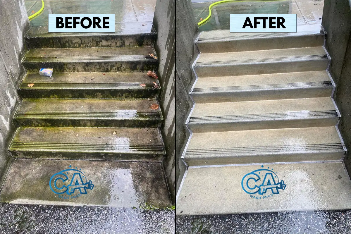 Results of pressure washing stairways to remove moss and algae growth.