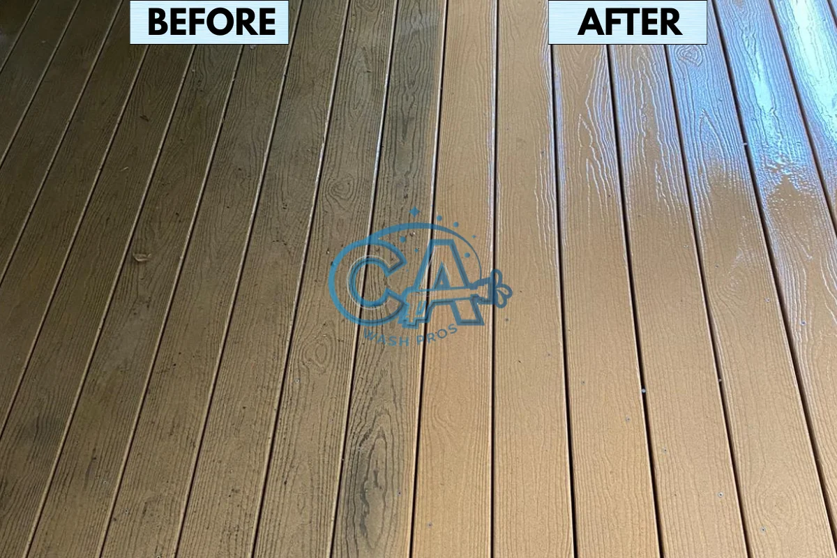 Before and after results of wood deck pressure washing by CA Wash Pros showing removal of mold and mildew.