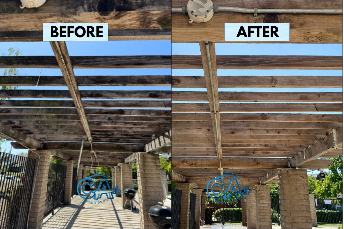 Pressure washing service on a wood pergola to remove mildew and moss infestations and enhance curb appeal.