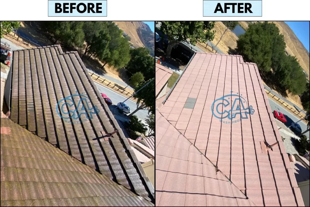 Before and after of professional tile roof cleaning service by CA Wash Pros.