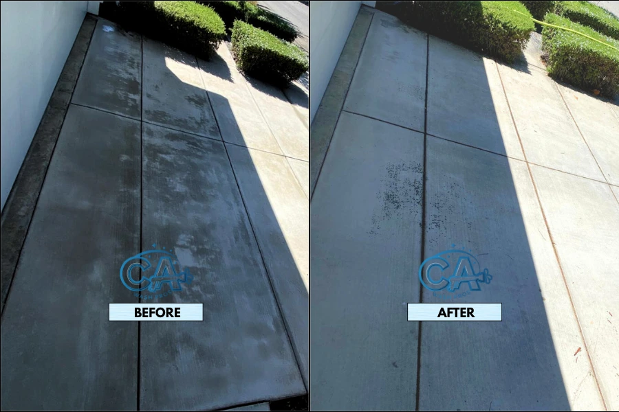 Before and after results of driveway cleaning service by CA Wash Pros.
