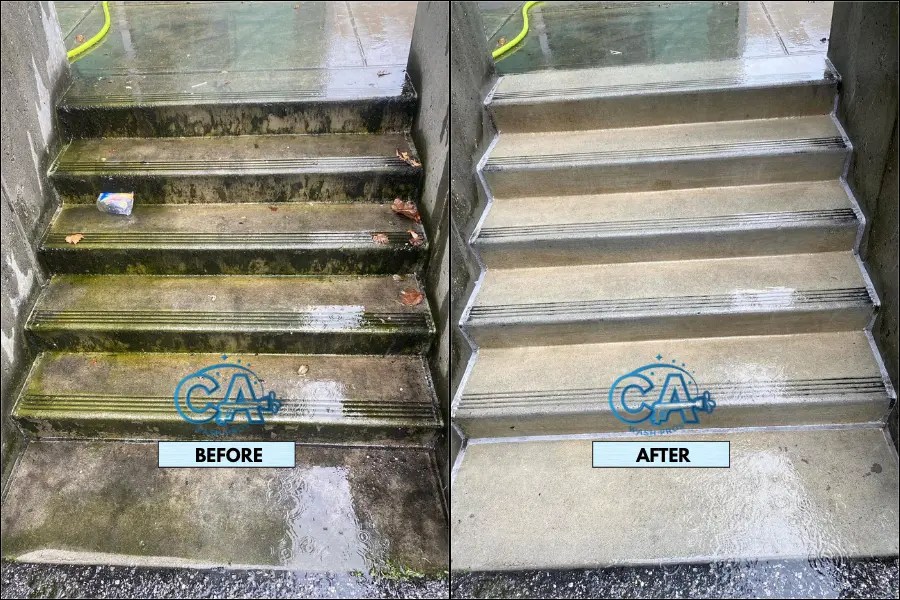 Pressure washing service results showing moss and algae removal on a stairway.