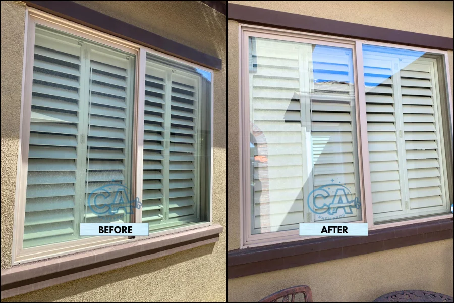 Exterior window cleaning service results showing spotless and streak-free finish.