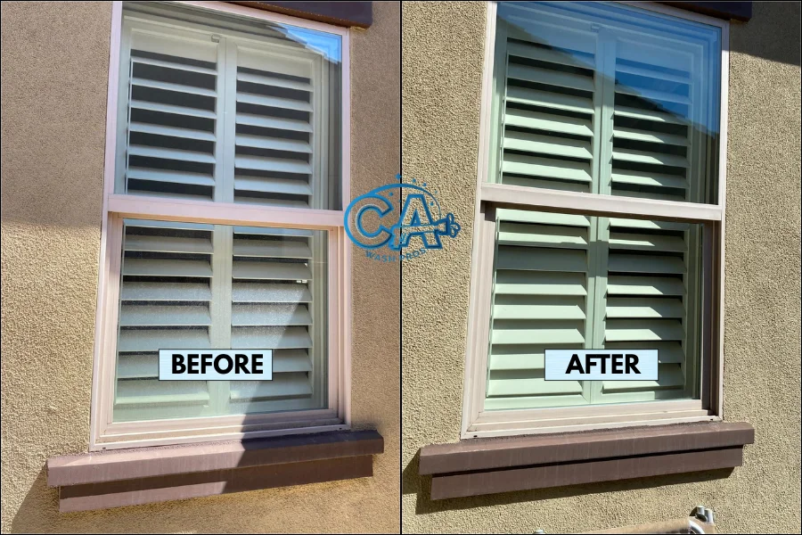 Results of the exterior window cleaning service by CA Wash Pros showing removal of dust and water stains.