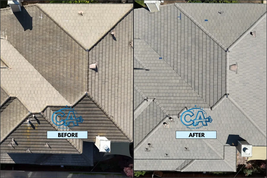 Before and after results of full roof washing service to remove moss and algae.
