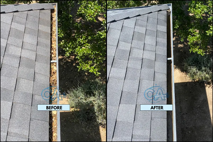 Before and after of gutter cleaning service by CA Wash Pros.