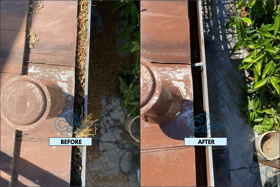 Before and after of gutter cleaning service by CA Wash Pros.
