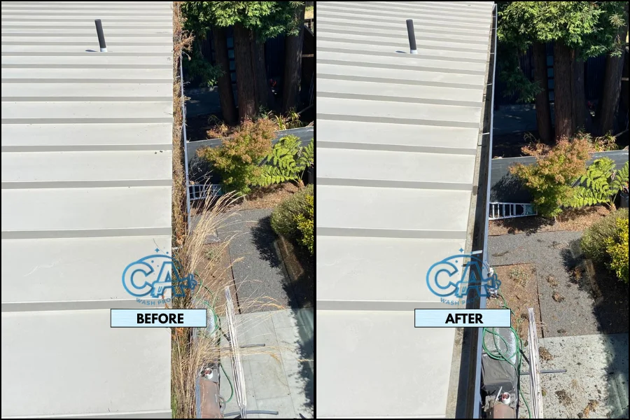 Before and after of gutter cleaning service showing leaves and debris removal.