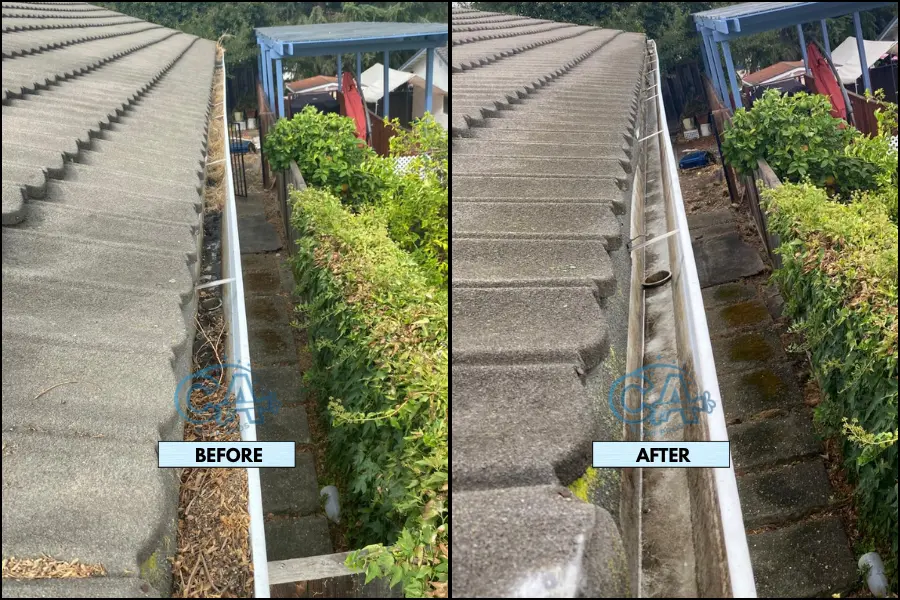 Before and after results of professional gutter cleaning by CA Wash Pros.