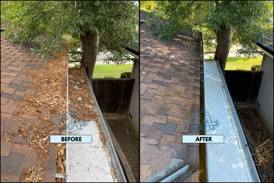 Gutter cleaning service results showing leaves and debris removal.