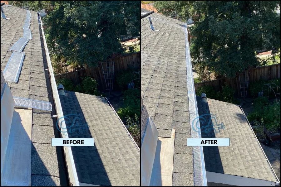 Before and after of CA Wash Pros gutter guard installation.