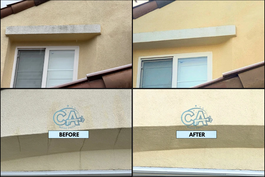 House washing service results showing removal of mold and mildew on walls.