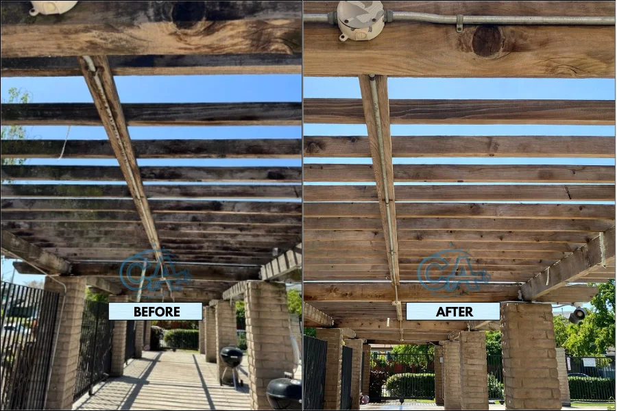 Before and after results of pergola pressure washing completed by CA Wash Pros.