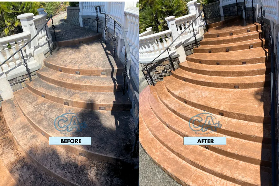 Pressure washing service results showing freshly cleaned exterior stairs.