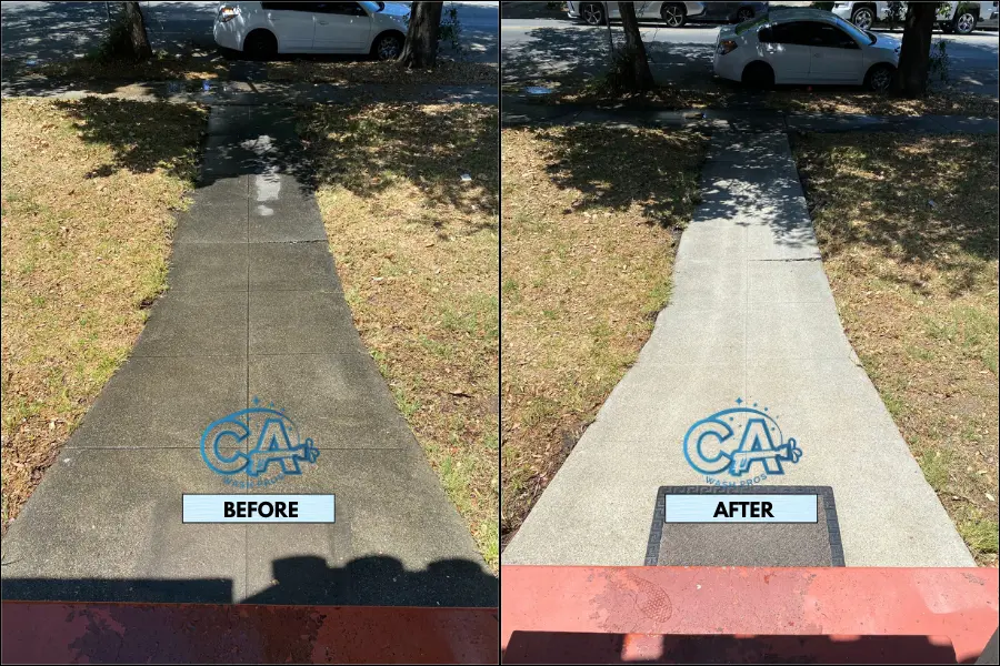 Pressure washing service results on exterior walkways.