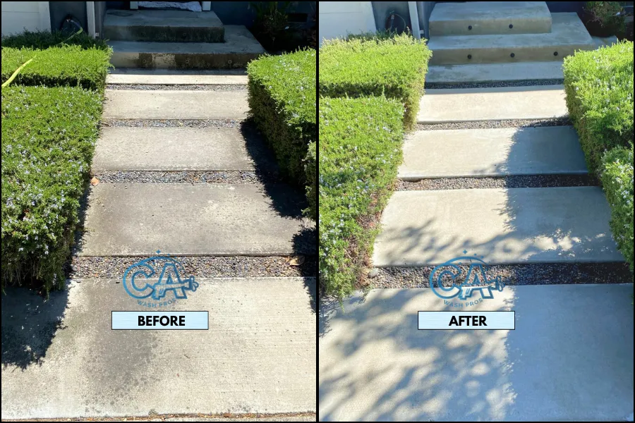 Before and after results of pressure washing service on exterior walkways.