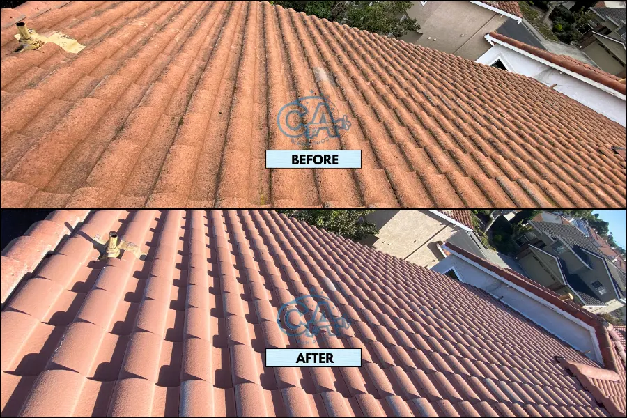 Results of tile roof wash service showing removal of moss and algae.