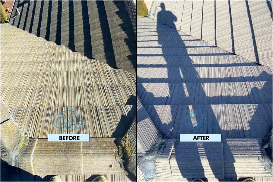 Before and after results of roof cleaning service showing moss and algae removal.