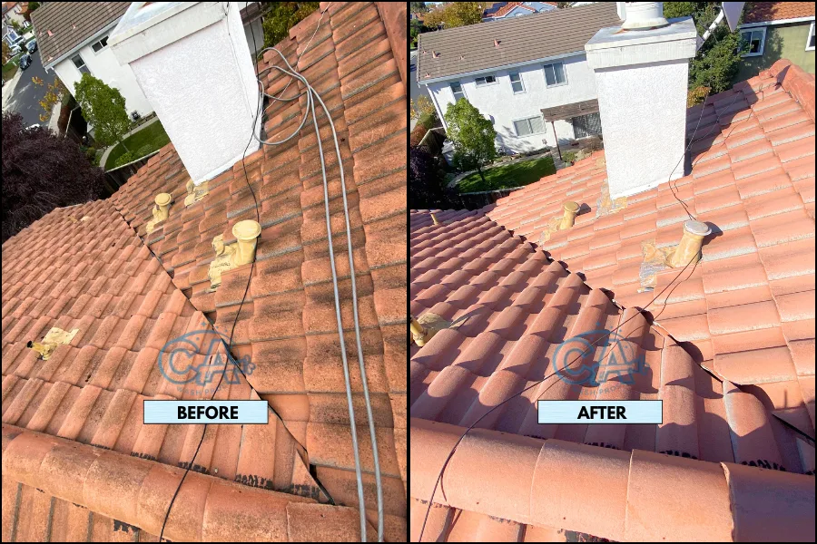 Results of tile roof wash service showing removal of moss and algae.