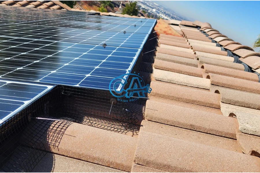 Professional solar panel bird proofing service by CA Wash Pros to prevent bird nesting underneath the panels.