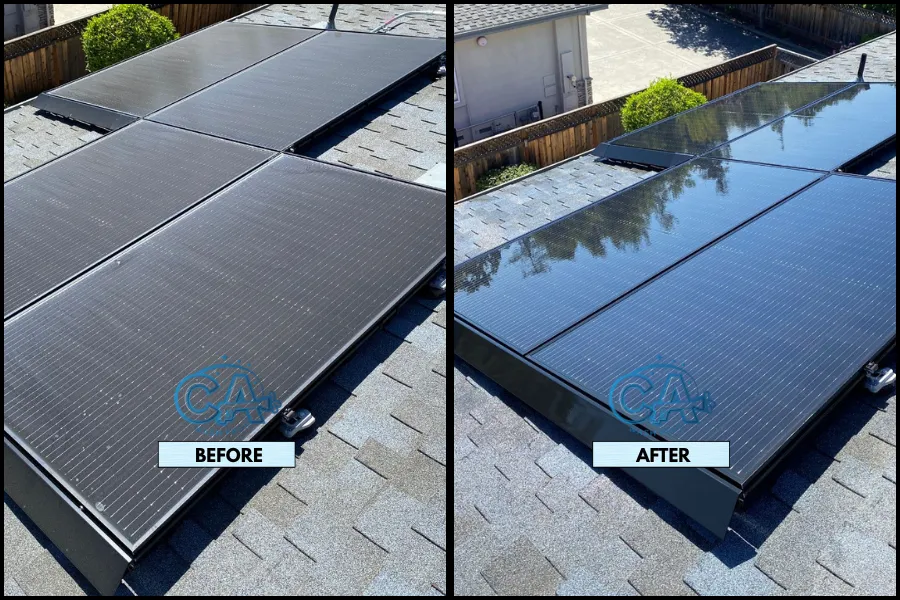 Before and after results of solar panel cleaning service by CA Wash Pros.