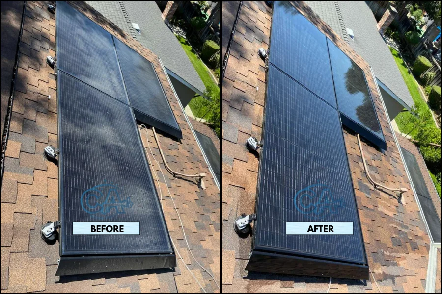 Solar panel cleaning service results showing dust and debris removal.