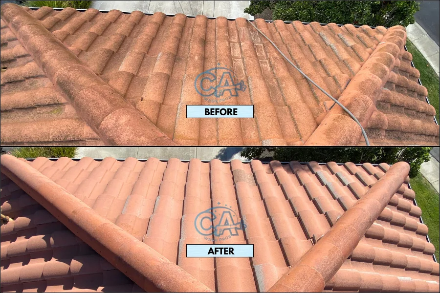 Before and after results of tile roof washing service showing moss and algae removal.