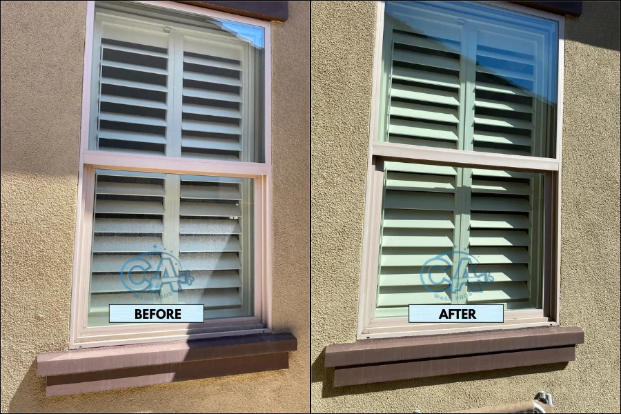 Exterior window cleaning service results showing spotless and streak-free shine.
