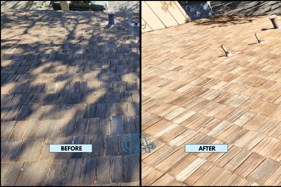 Results of wood shake roof cleaning showing effective removal of debris, moss, and algae.