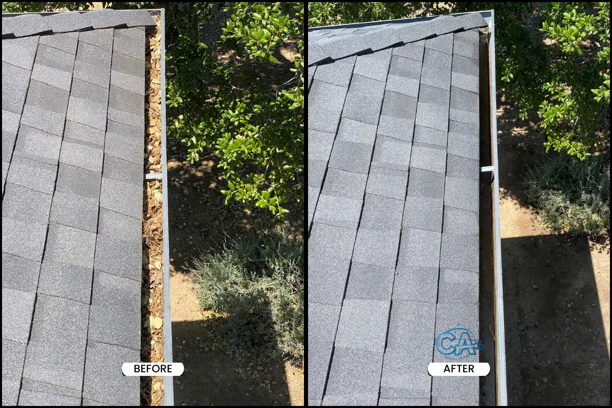 Before and after of a gutter cleaning service.