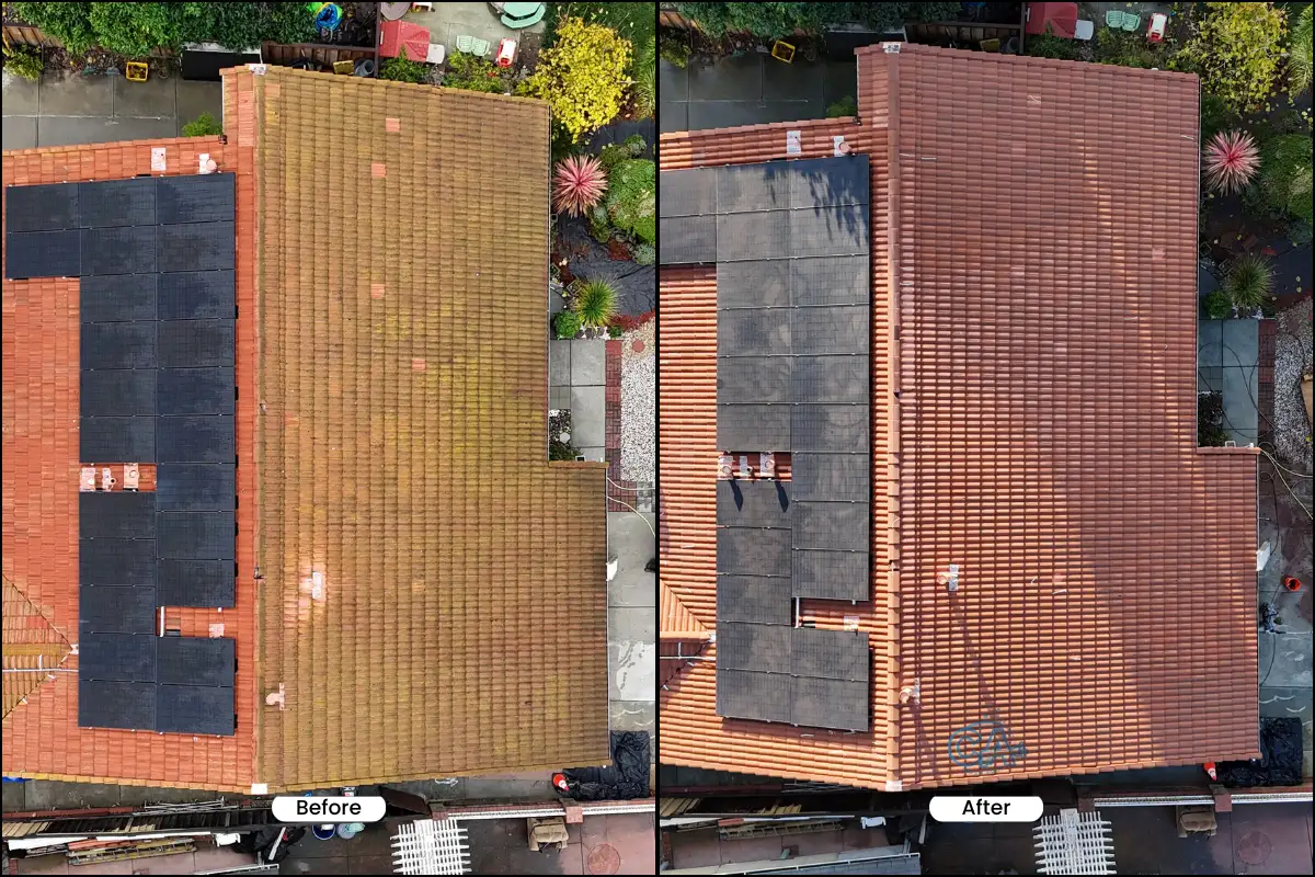 Roof cleaning service in Gilroy, CA - before and after.
