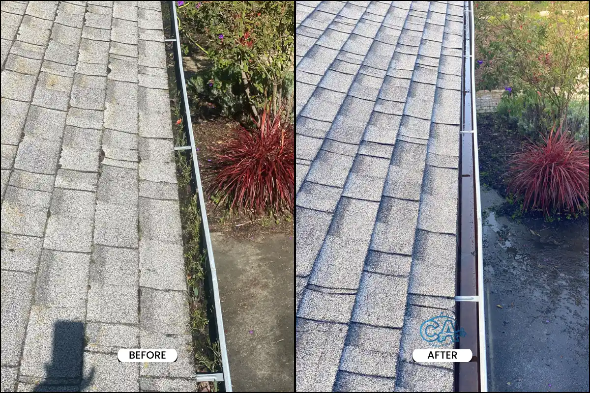 Before and after of a gutter cleaning service.