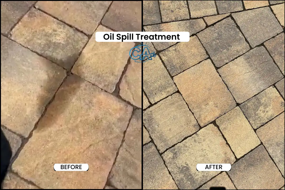 Oil spill treatment on a driveway - before and after.