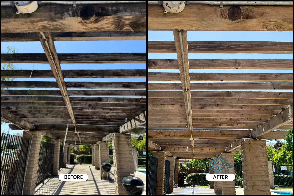 Pergola power washing - before and after.