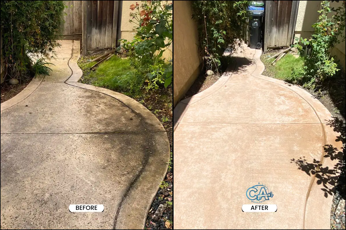 Before and after results of walkway pressure washing.