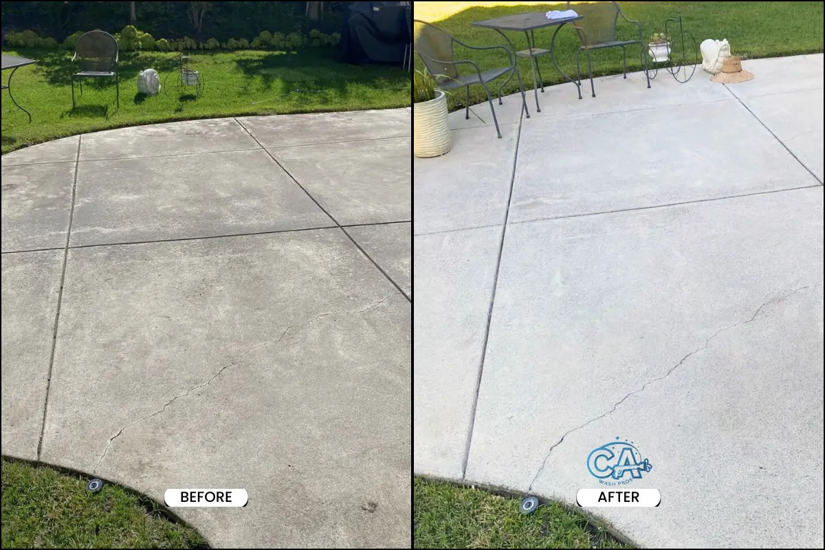 Patio pressure washing before and after results.