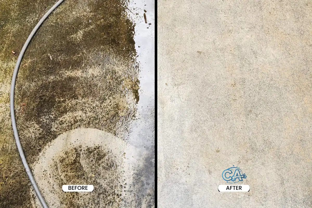 Pressure washing concrete surface - before and after.